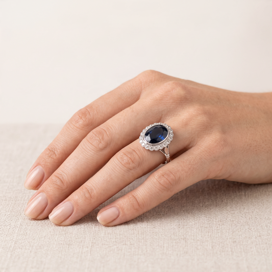 Bague Art Deco Antique Jewelry Finds en platine avec saphir naturel et halo de diamants taille rose sur une main
