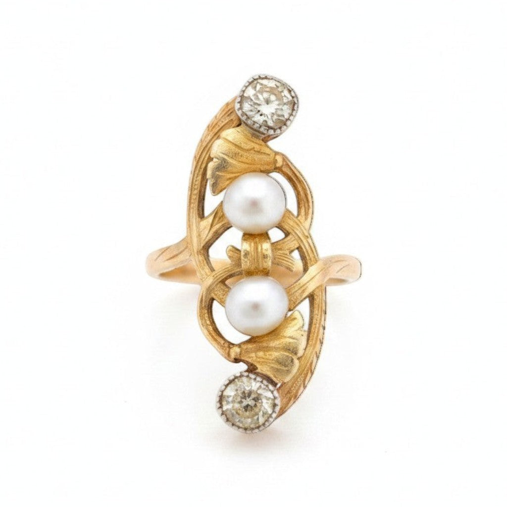 Antique Art Nouveau 18k gold ring natural pearl  old cut diamonds France circa 1910  — Antique Jewelry Finds