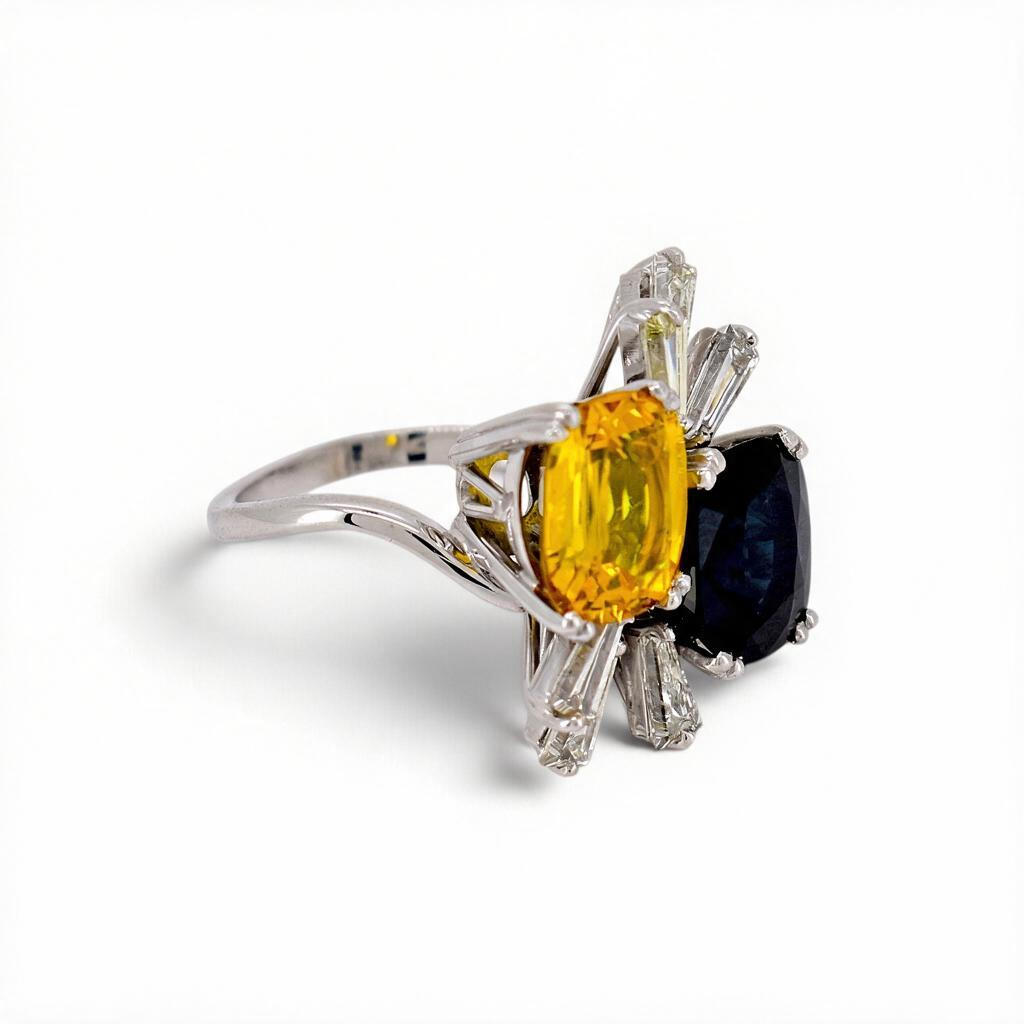 Vintage 18k Gold Toi et Moi Ring — Two Unheated Basaltic Sapphires & Trapeze-Cut Diamonds | Circa 1980