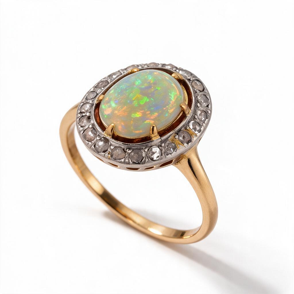 Antique Victorian 18k Gold & Platinum Halo Ring — 1.5ct Australian Opal & Diamonds | Circa 1890