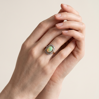 Antique Victorian 18k Gold & Platinum Halo Ring — 1.5ct Australian Opal & Diamonds | Circa 1890