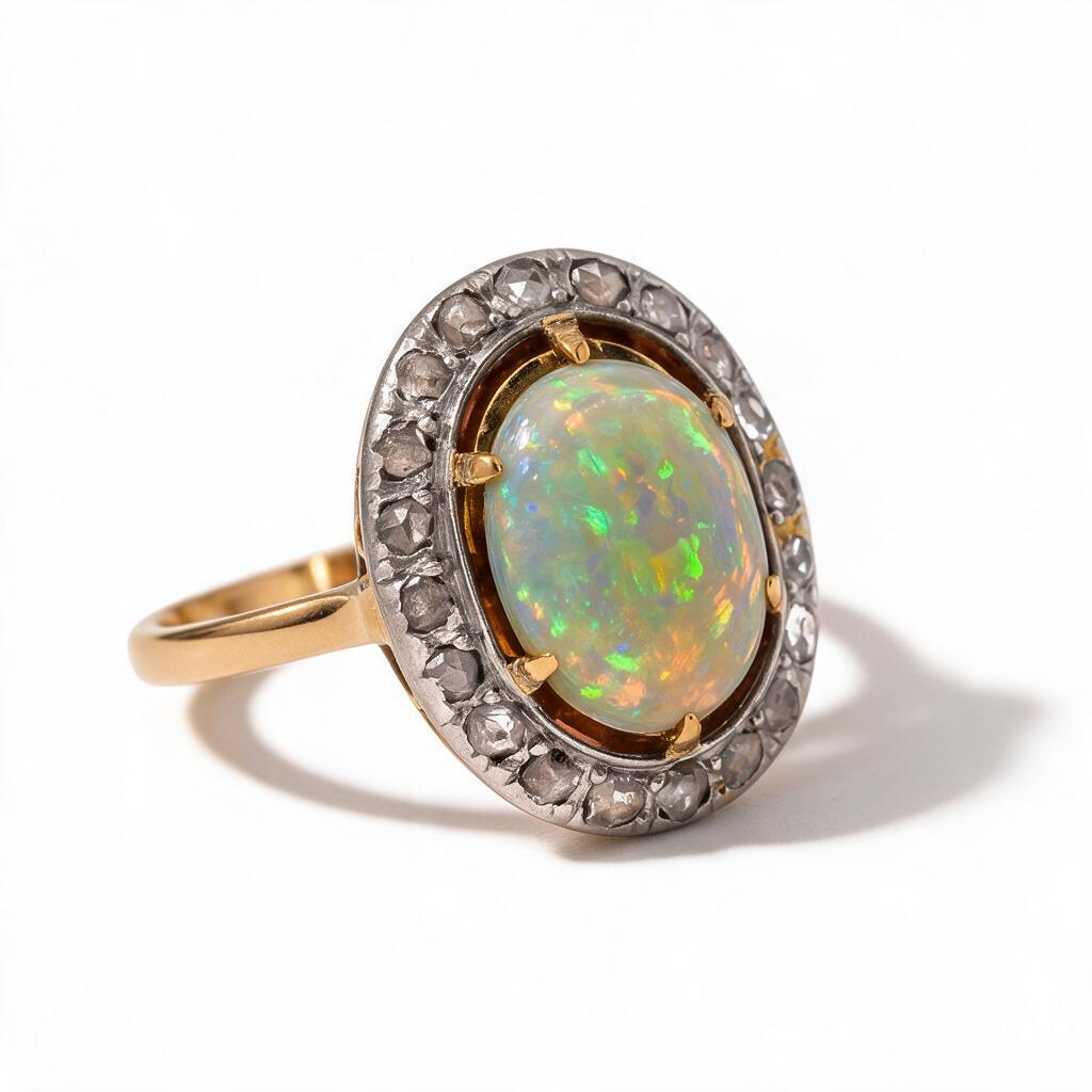 Antique Victorian 18k Gold & Platinum Halo Ring — 1.5ct Australian Opal & Diamonds | Circa 1890