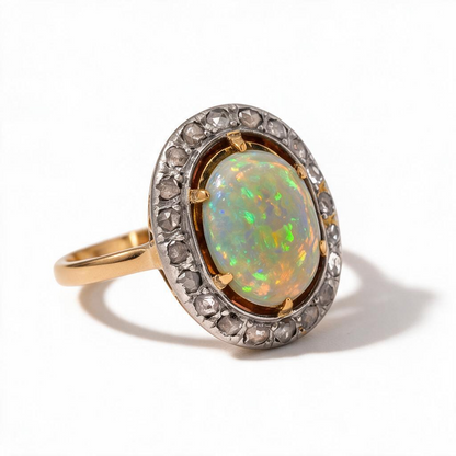 Antique Victorian 18k Gold & Platinum Halo Ring — 1.5ct Australian Opal & Diamonds | Circa 1890