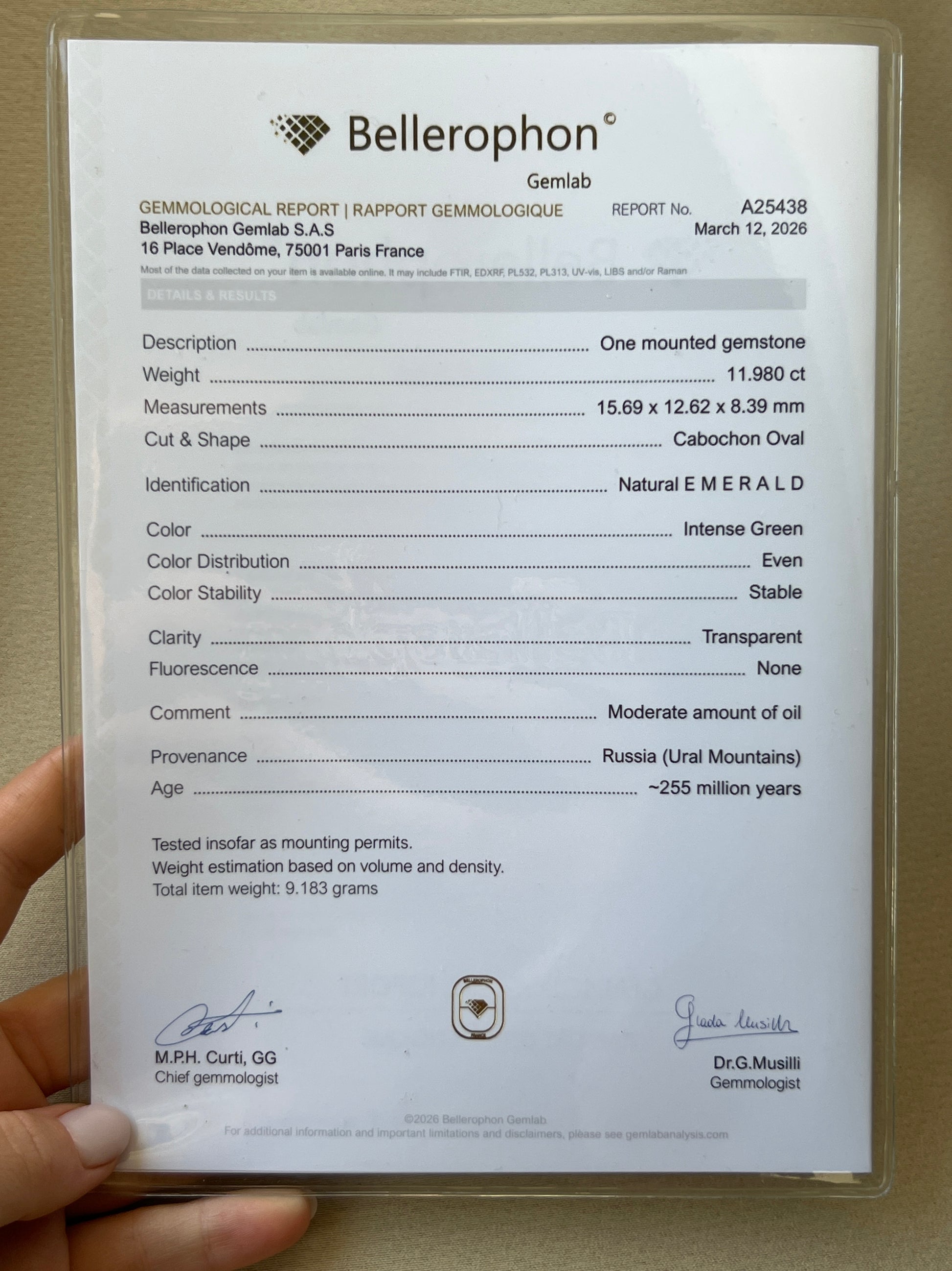 Certificate of the emerald of antique ottoman ring 