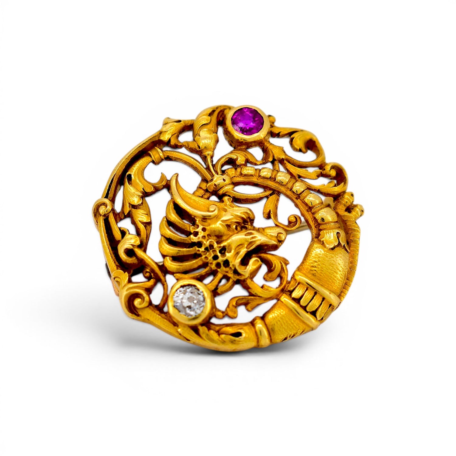 Antique Art Nouveau 18k gold chimera brooch ruby old-cut diamond signed André Kauffer front view circa 1910 — Antique Jewelry Finds