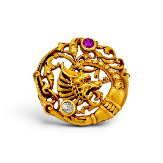 Antique Art Nouveau 18k gold chimera brooch ruby old-cut diamond signed André Kauffer front view circa 1910 — Antique Jewelry Finds