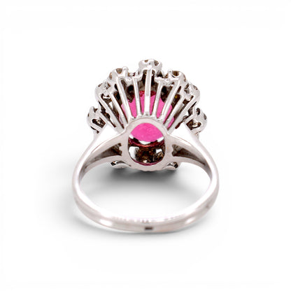 Vintage 18k Gold Daisy Ring — 4.30ct Pink Tourmaline & Cognac Diamond Halo | Circa 1980