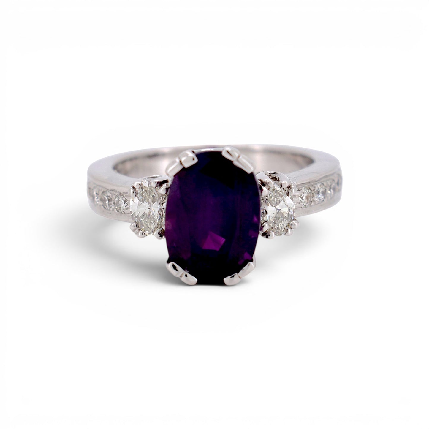 18k Gold Three-Stone Ring — Natural Purple Himalaya Sapphire & Diamonds | GRS Certified