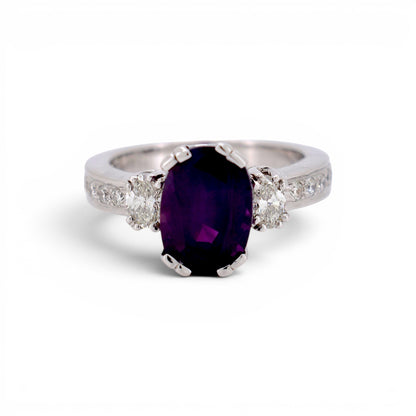 18k Gold Three-Stone Ring — Natural Purple Himalaya Sapphire & Diamonds | GRS Certified
