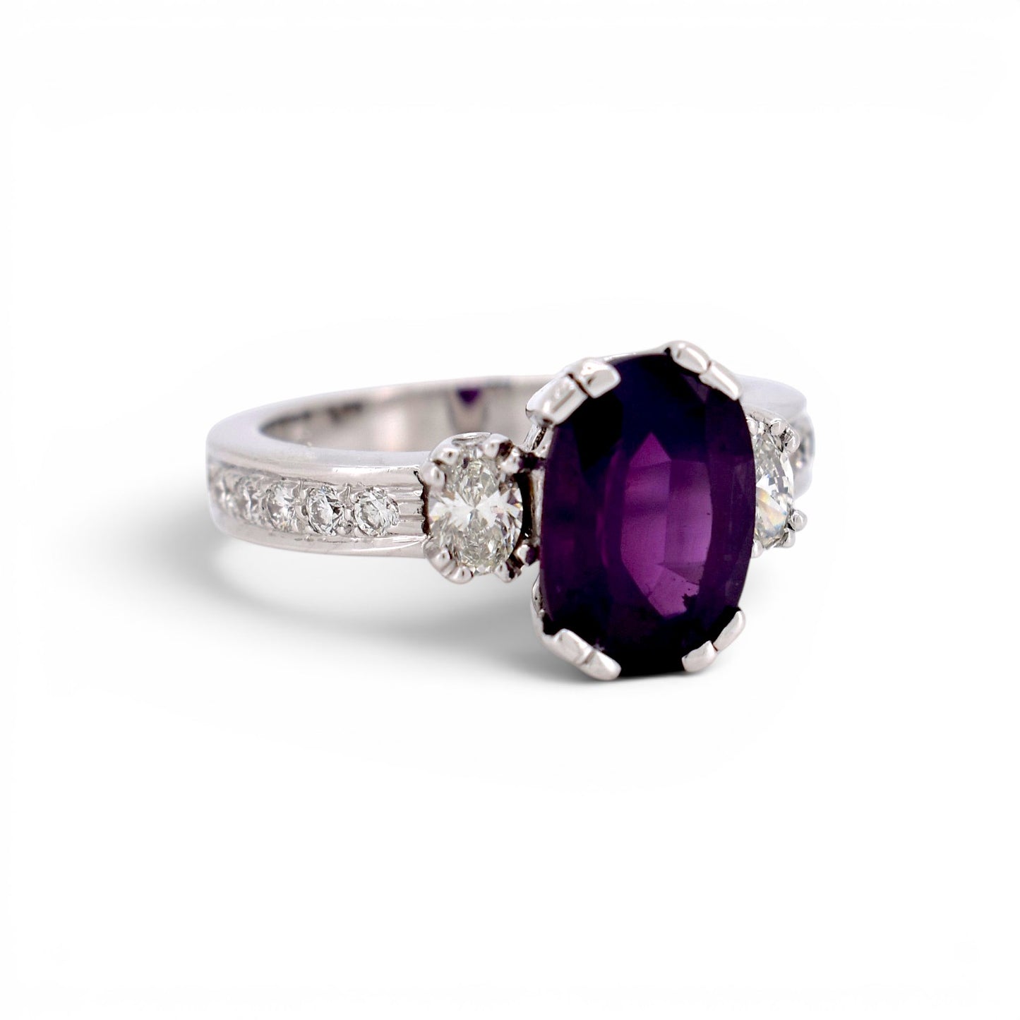 18k Gold Three-Stone Ring — Natural Purple Himalaya Sapphire & Diamonds | GRS Certified