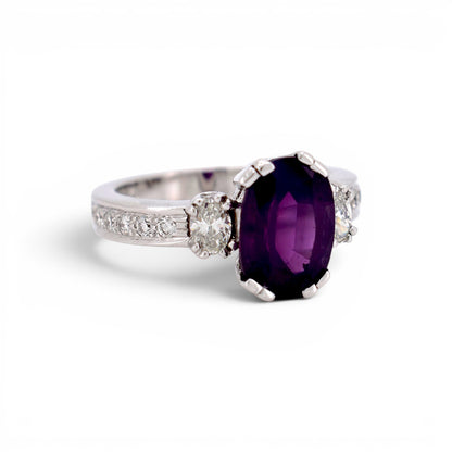 18k Gold Three-Stone Ring — Natural Purple Himalaya Sapphire & Diamonds | GRS Certified