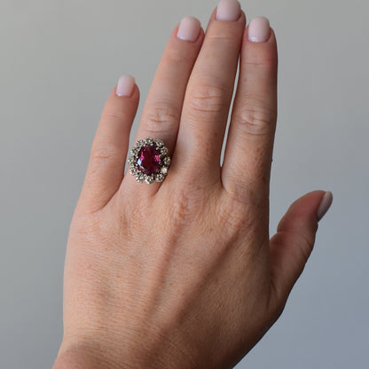 Vintage 18k Gold Daisy Ring — 4.30ct Pink Tourmaline & Cognac Diamond Halo | Circa 1980