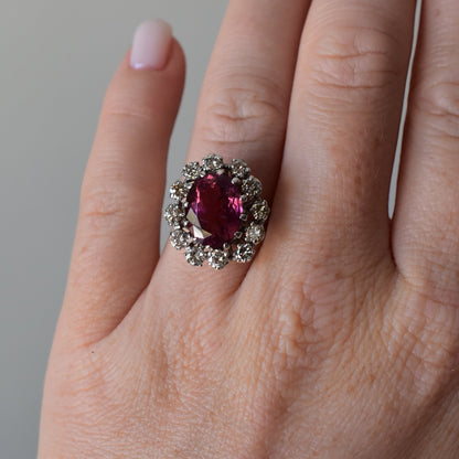 Vintage 18k Gold Daisy Ring — 4.30ct Pink Tourmaline & Cognac Diamond Halo | Circa 1980