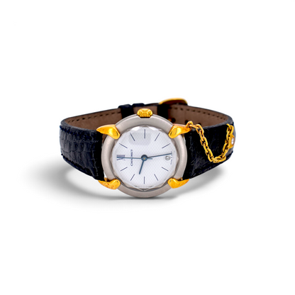 Montre vintage Antique Jewelry Finds Chaumet Elysée en or 18k et acier avec bracelet en cuir et chaîne diamantée