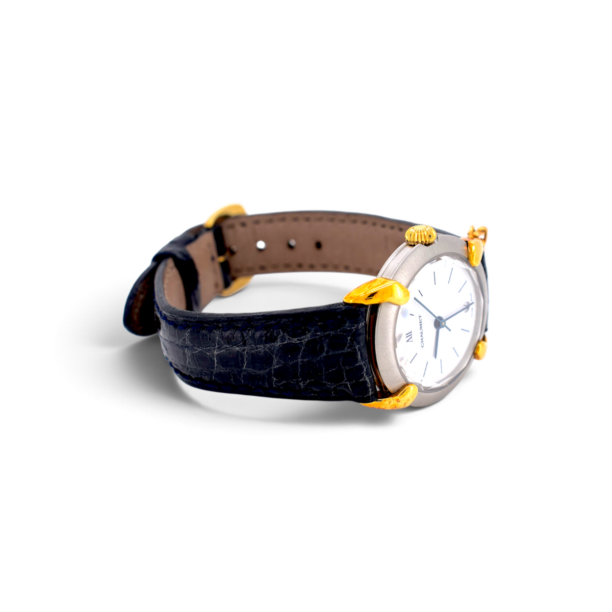 Montre vintage Chaumet Elysée Antique Jewelry Finds en or 18k et acier avec bracelet en cuir noir et cadran blanc