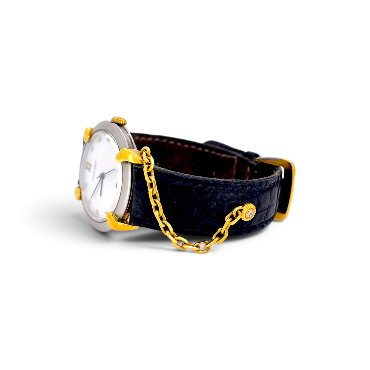 Montre vintage Antique Jewelry Finds Chaumet Elysée en or 18k et acier avec bracelet en cuir bleu et chaîne en or