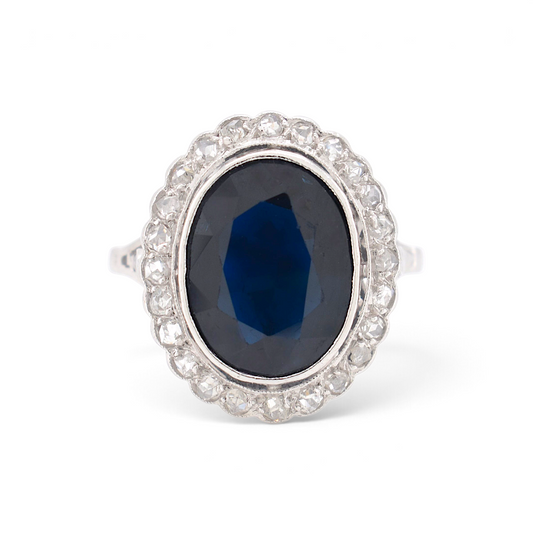 Bague Art Deco Antique Jewelry Finds en platine avec saphir naturel ovale et halo de diamants taille rose