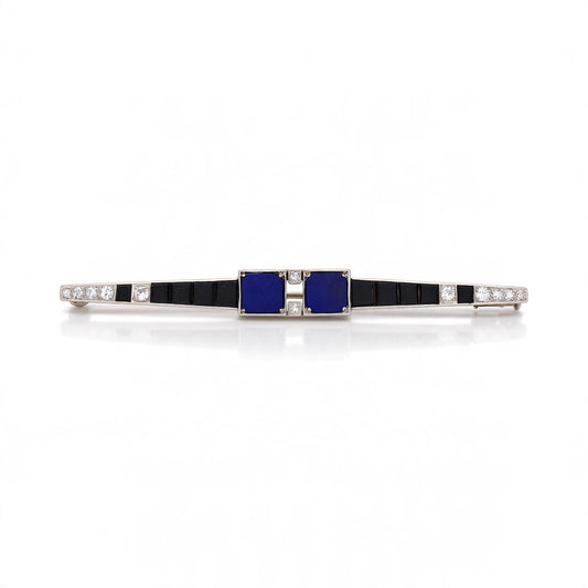 Art Deco Platinum Bar Brooch — Lapis Lazuli, Onyx & D/VS Diamonds | Circa 1920
