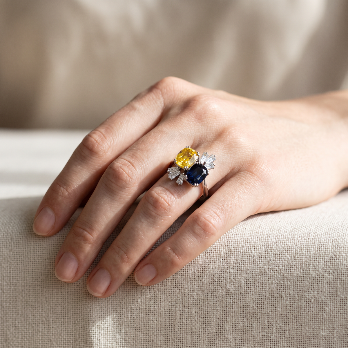 Vintage 18k Gold Toi et Moi Ring — Two Unheated Basaltic Sapphires & Trapeze-Cut Diamonds | Circa 1980