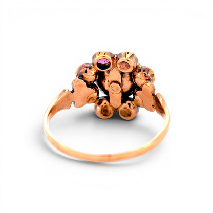 antique victorian daisy ring gold and garnets, back view