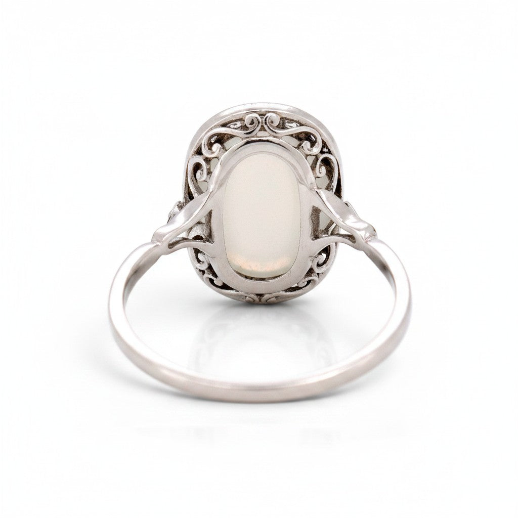 Antique Art Deco 18k gold moonstone ring finely decorated reverse back view 4g size 7 US — Antique Jewelry Finds