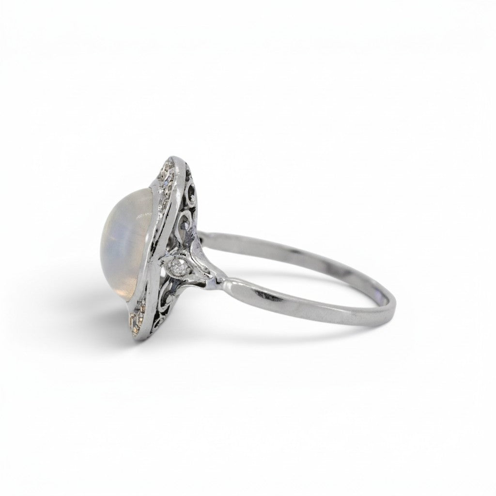 Antique Art Deco 18k gold moonstone ring diamond shoulder detail side view eagle head hallmark — Antique Jewelry Finds
