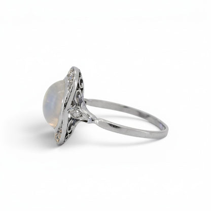 Antique Art Deco 18k gold moonstone ring diamond shoulder detail side view eagle head hallmark — Antique Jewelry Finds