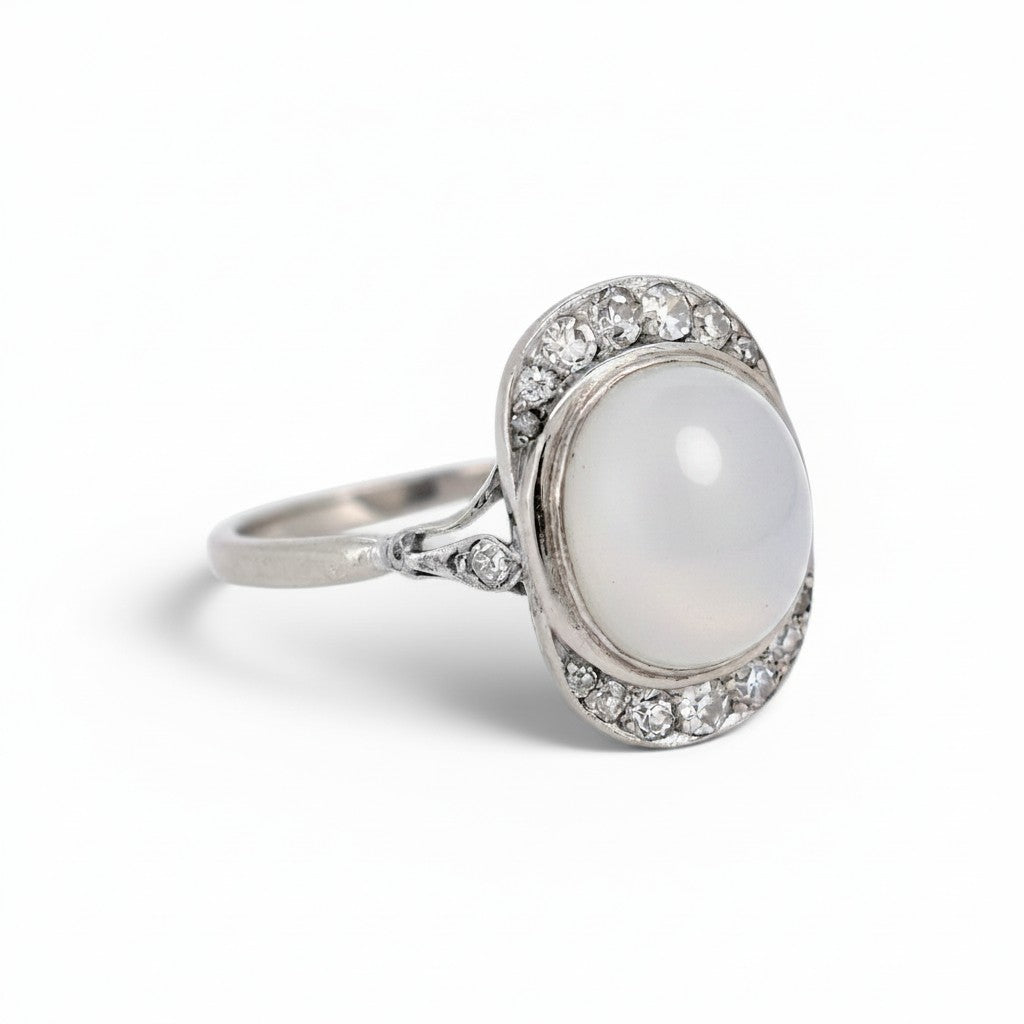 Antique Art Deco 18k gold moonstone cabochon diamond surround side view circa 1920 — Antique Jewelry Finds