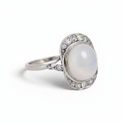 Antique Art Deco 18k gold moonstone cabochon diamond surround side view circa 1920 — Antique Jewelry Finds