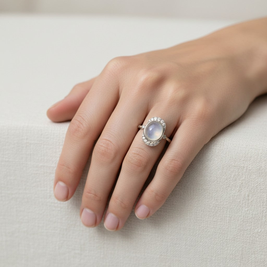 Antique Art Deco 18k gold moonstone cabochon diamond surround ring worn on hand size 7 US — Antique Jewelry Finds