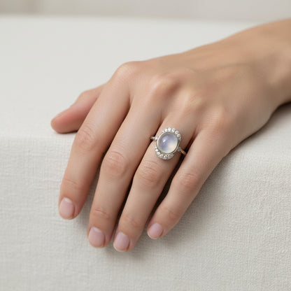 Antique Art Deco 18k gold moonstone cabochon diamond surround ring worn on hand size 7 US — Antique Jewelry Finds