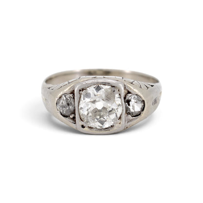 Antique Art Deco 18k gold trilogy ring 
1ct old-cut diamonds hand-engrave shank front view circa 1920 — Antique Jewelry Finds