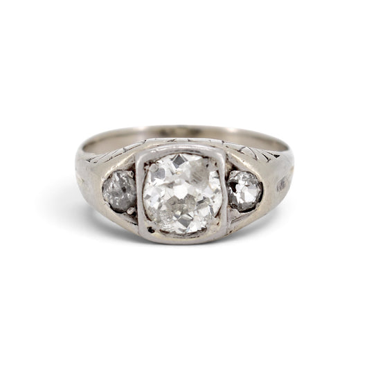 Antique Art Deco 18k gold trilogy ring 
1ct old-cut diamonds hand-engrave shank front view circa 1920 — Antique Jewelry Finds