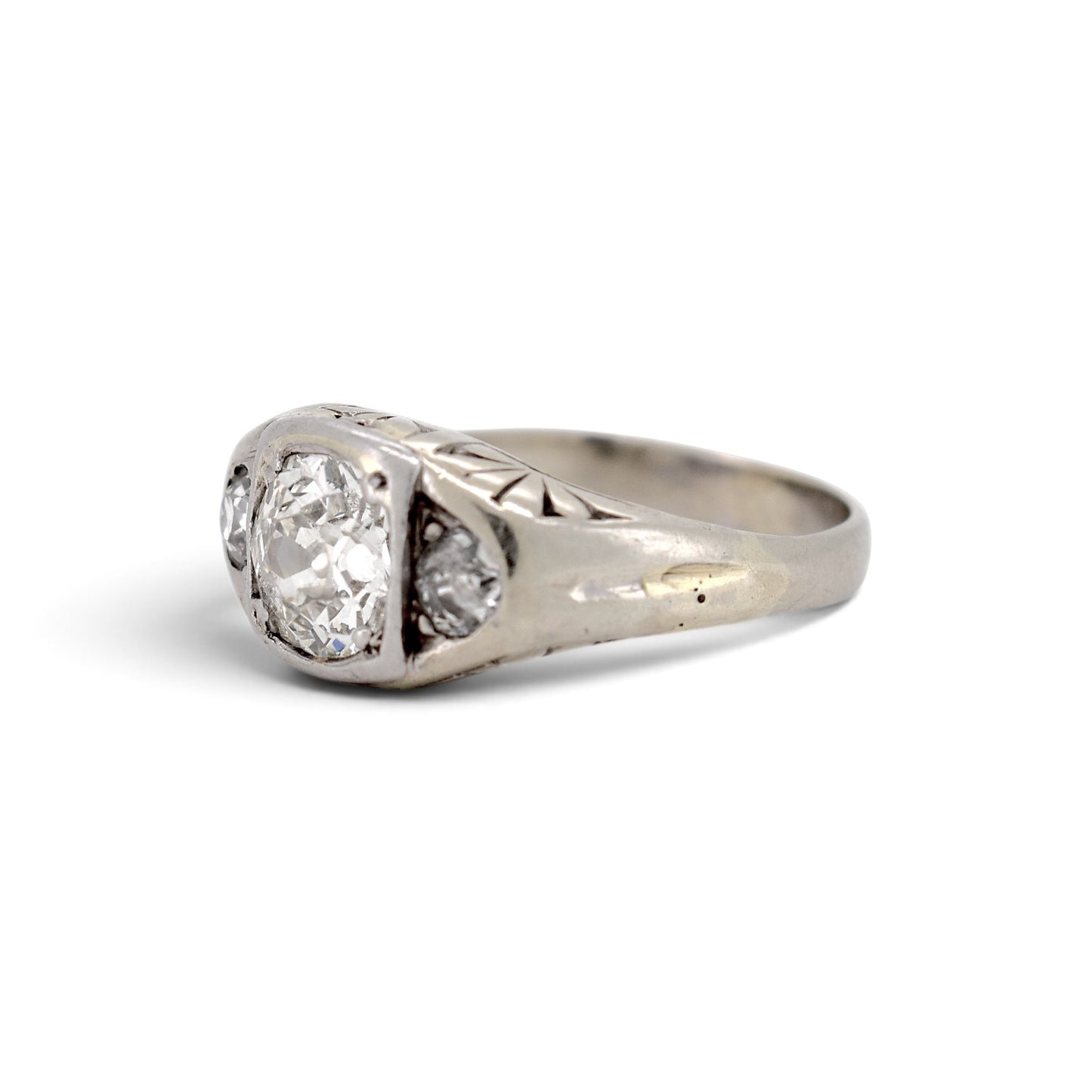 Antique Art Deco 18k gold trilogy ring old-cut diamond hand-engraved detail side view eagle head hallmark — Antique Jewelry Finds