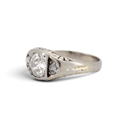 Antique Art Deco 18k gold trilogy ring old-cut diamond hand-engraved detail side view eagle head hallmark — Antique Jewelry Finds
