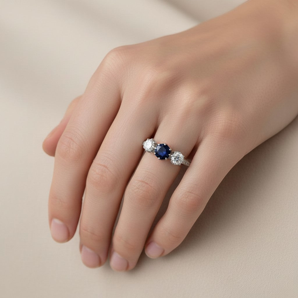 Antique Art Deco 18k white gold trilogy ring natural sapphire old-cut diamonds worn on hand size 6.25 US — Antique Jewelry Finds