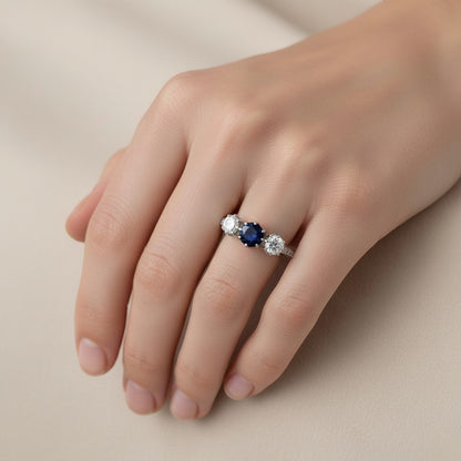 Antique Art Deco 18k white gold trilogy ring natural sapphire old-cut diamonds worn on hand size 6.25 US — Antique Jewelry Finds