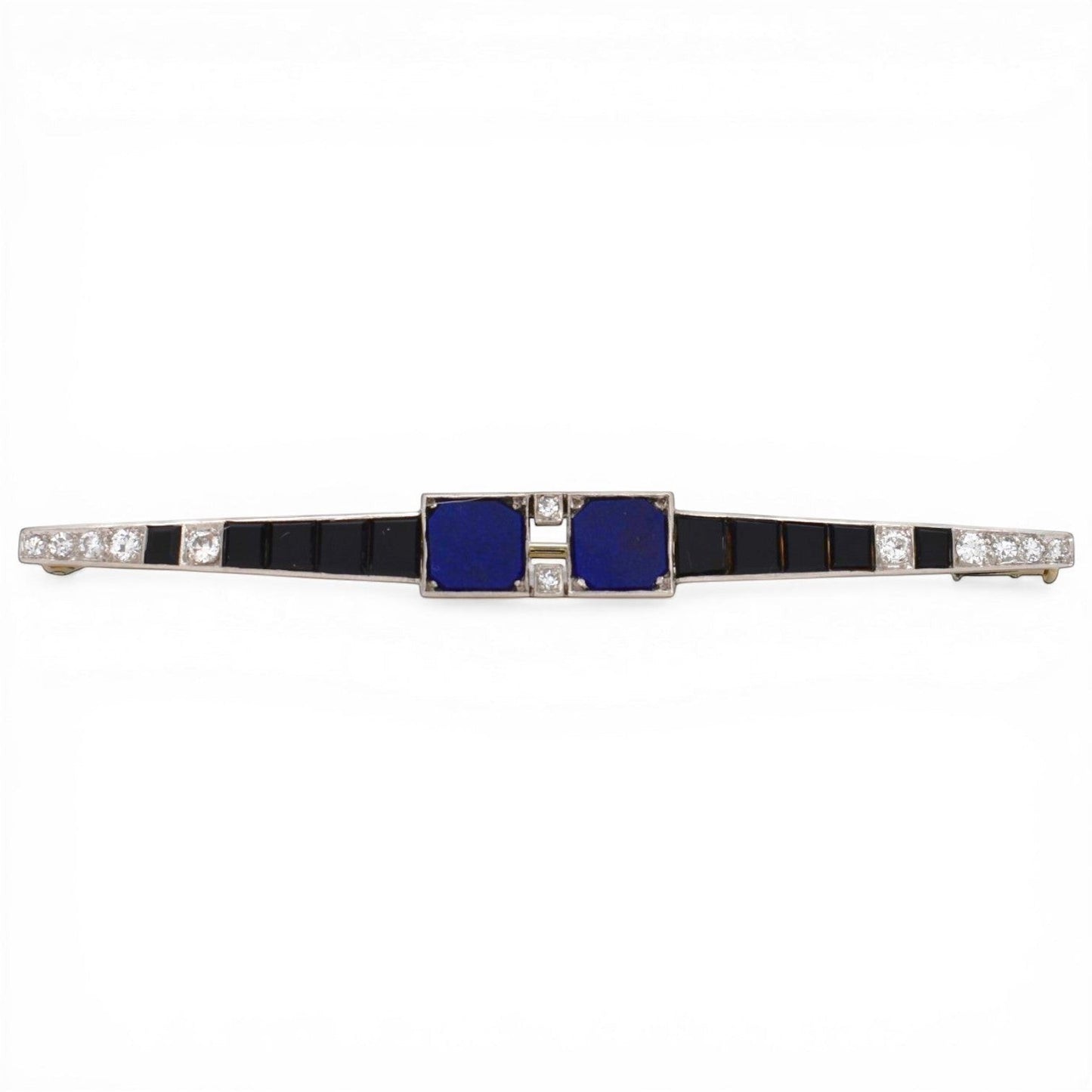 Antique Art Deco platinum bar brooch with lapis lazuli, onyx and diamonds