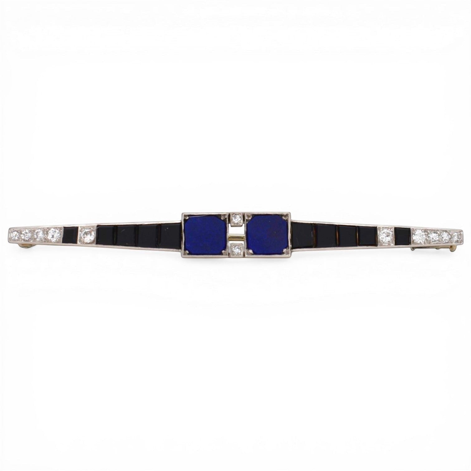 Antique Art Deco platinum bar brooch with lapis lazuli, onyx and diamonds