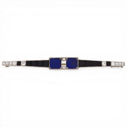 Antique Art Deco platinum bar brooch with lapis lazuli, onyx and diamonds