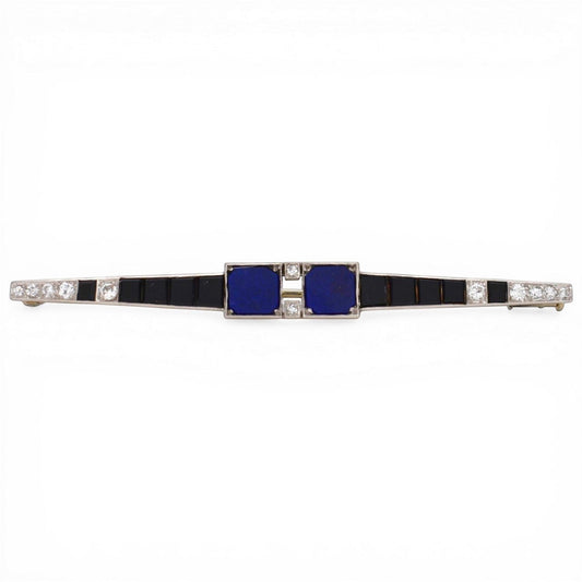 Antique Art Deco platinum bar brooch with lapis lazuli, onyx and diamonds