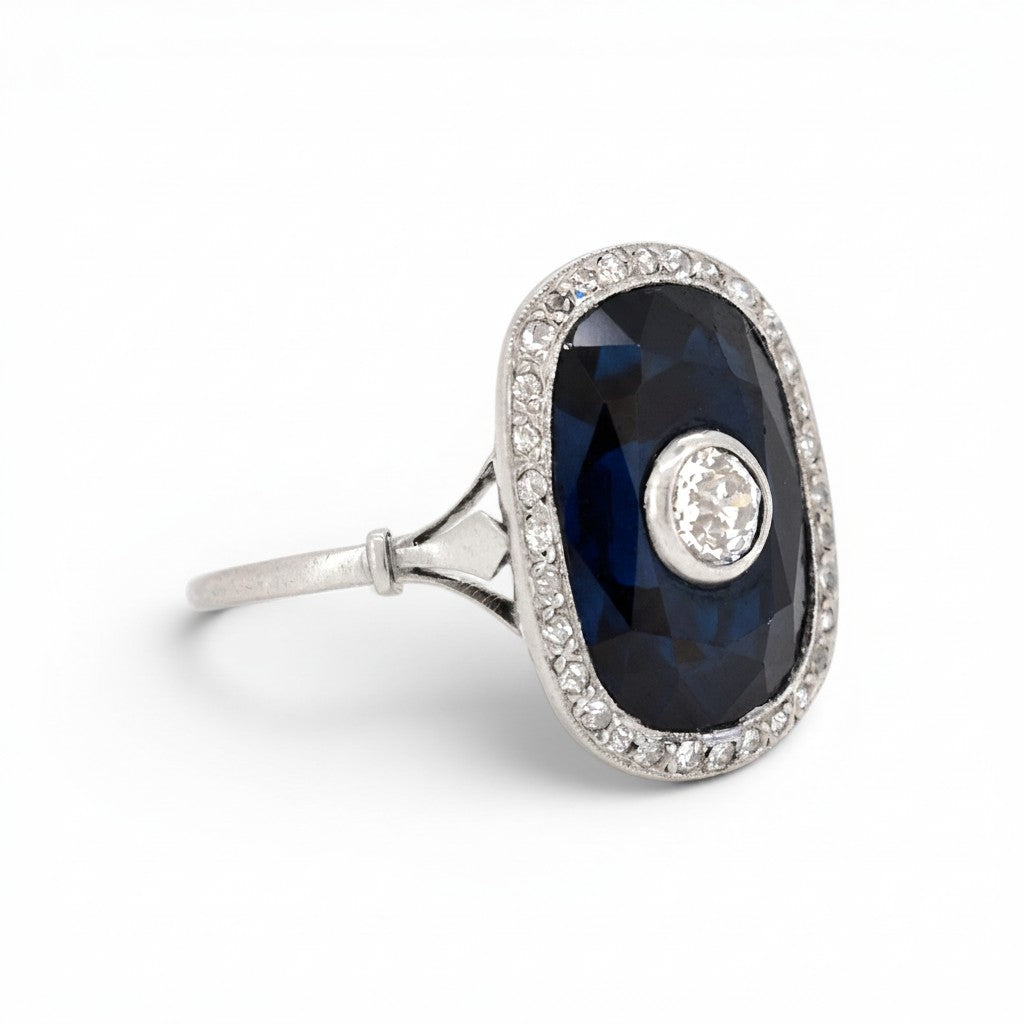Antique Art Deco platinum cocktail ring 
sapphire diamond halo side view dog head hallmark — Antique Jewelry Finds