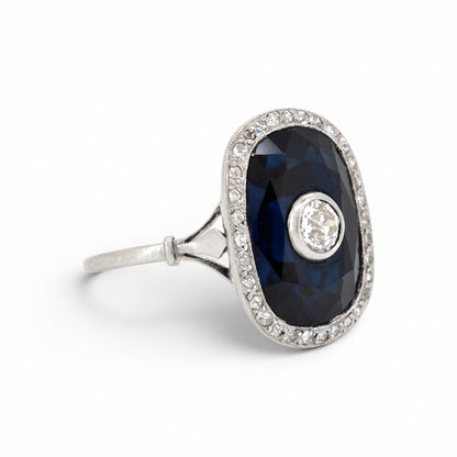 Antique Art Deco platinum cocktail ring 
sapphire diamond halo side view dog head hallmark — Antique Jewelry Finds