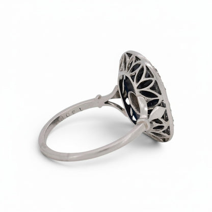 Antique Art Deco platinum cocktail ring 
sapphire diamond detail side view circa 1920 — Antique Jewelry Finds