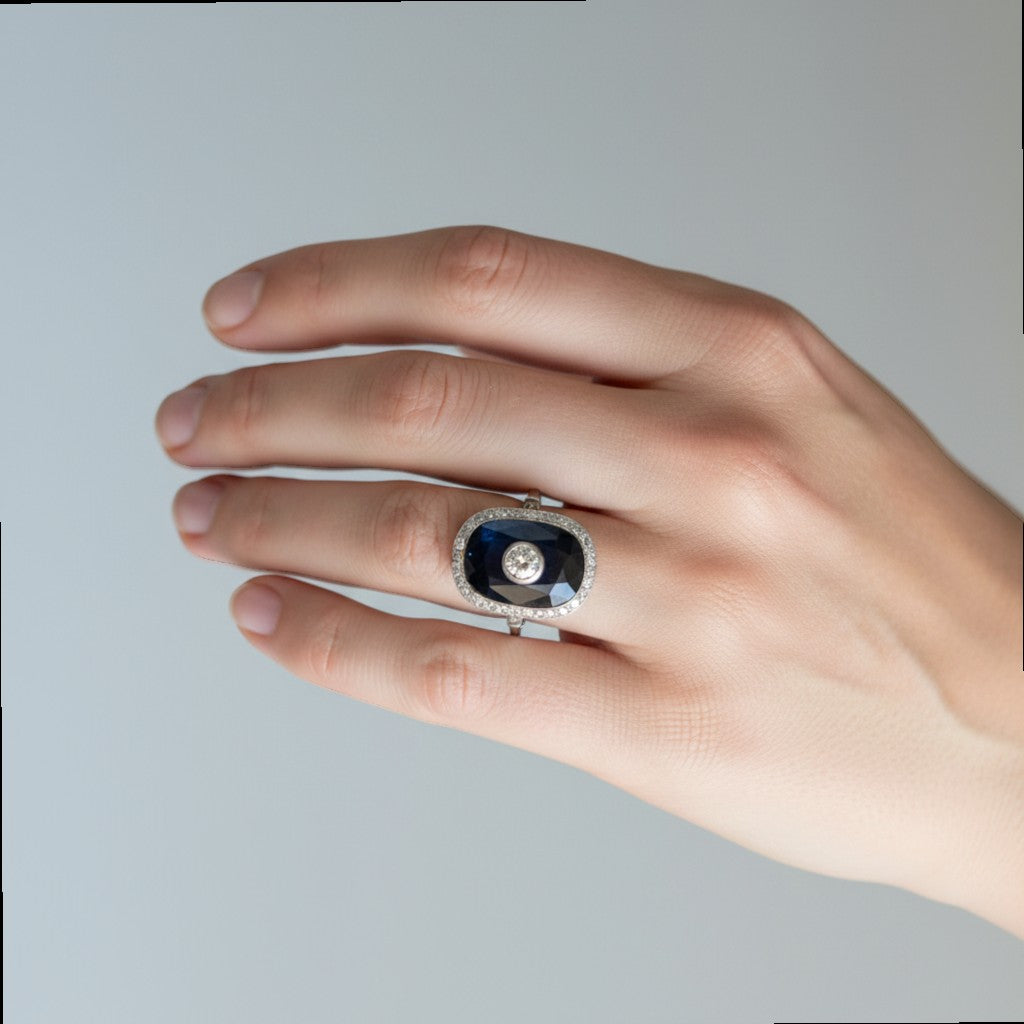 Antique Art Deco platinum cocktail ring 
natural sapphire diamond halo worn on hand size 9.5 US — Antique Jewelry Finds