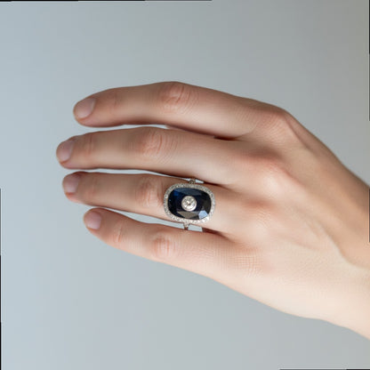 Antique Art Deco platinum cocktail ring 
natural sapphire diamond halo worn on hand size 9.5 US — Antique Jewelry Finds