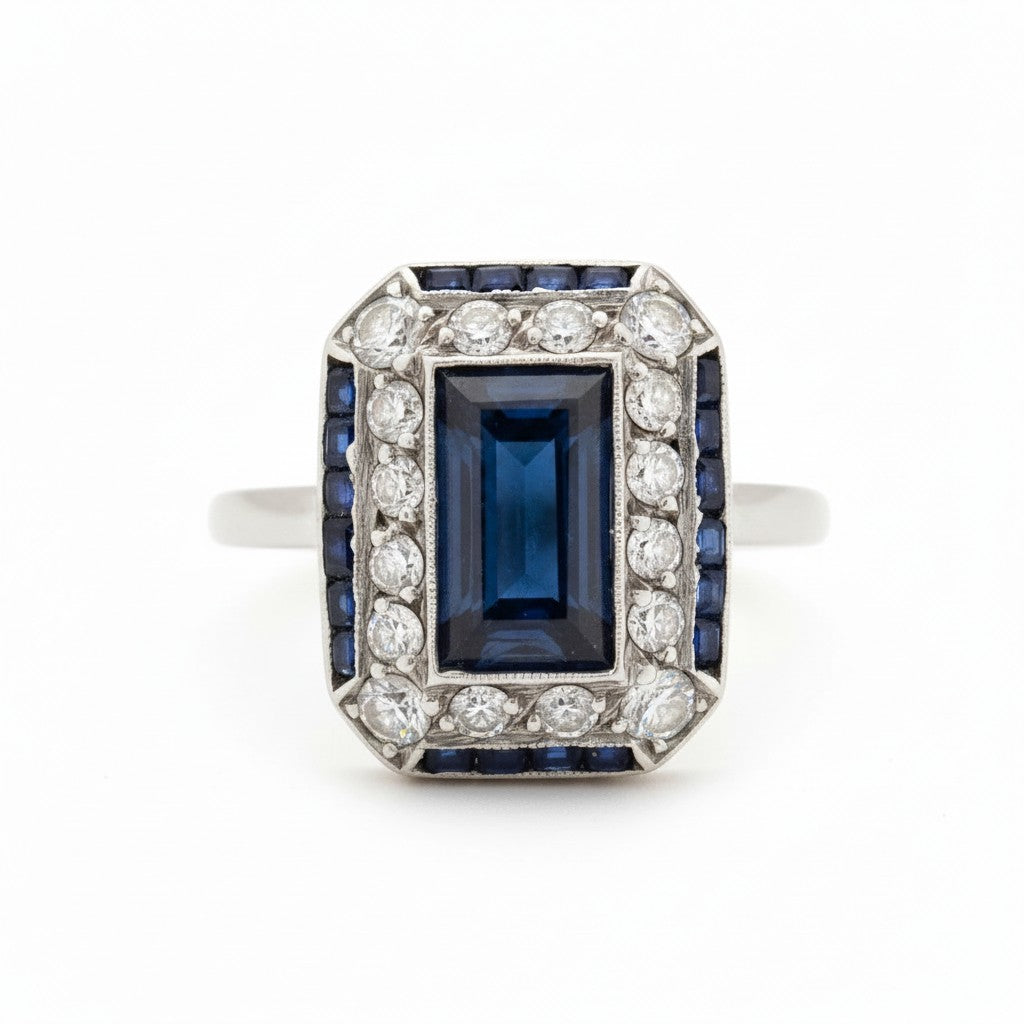 Antique Art Deco platinum ring 1.7ct natural sapphire diamond calibré sapphire double halo front view circa 1920 — Antique Jewelry Finds
