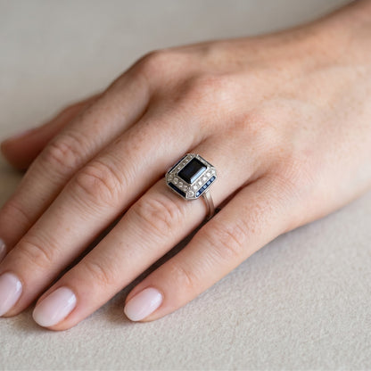 Antique Art Deco platinum ring 1.5ct 
natural sapphire diamond double halo worn on hand size 4.75 US — Antique Jewelry Finds