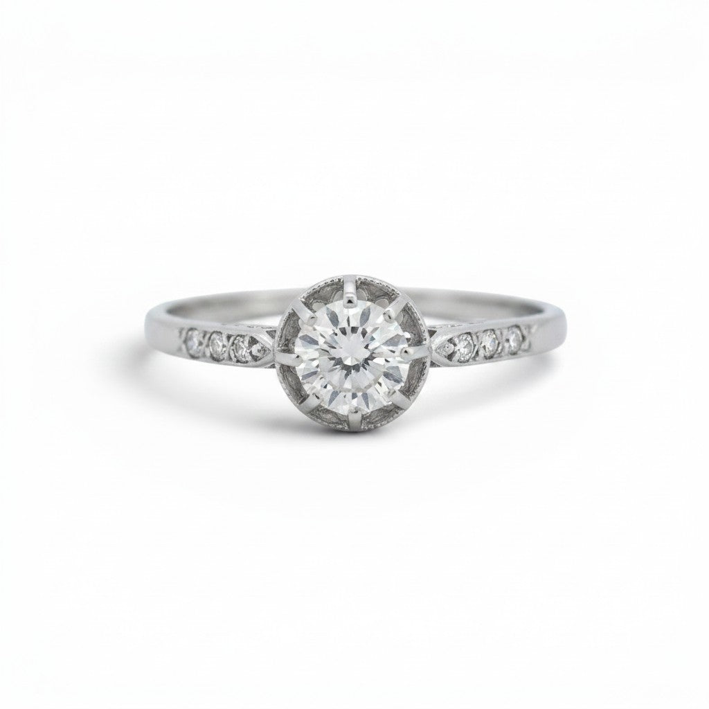 Antique Art Deco platinum solitaire ring 0.25ct old-cut diamond six-stone shoulders front view circa 1920 — Antique Jewelry Finds