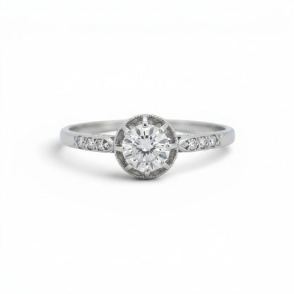 Antique Art Deco platinum solitaire ring 0.25ct old-cut diamond six-stone shoulders front view circa 1920 — Antique Jewelry Finds